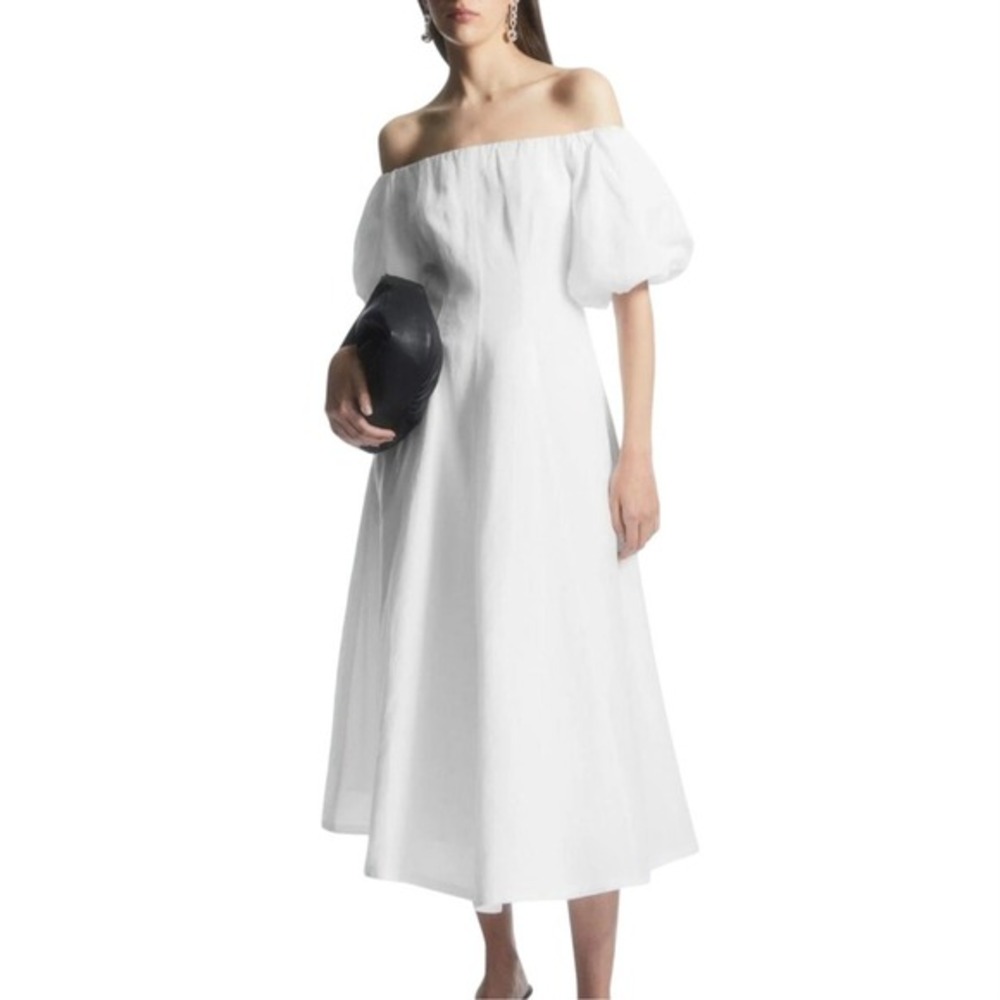 COS White Linen Midi Dress 8 Coquette Cottagecore Off‎ Shoulder Puff Sleeve